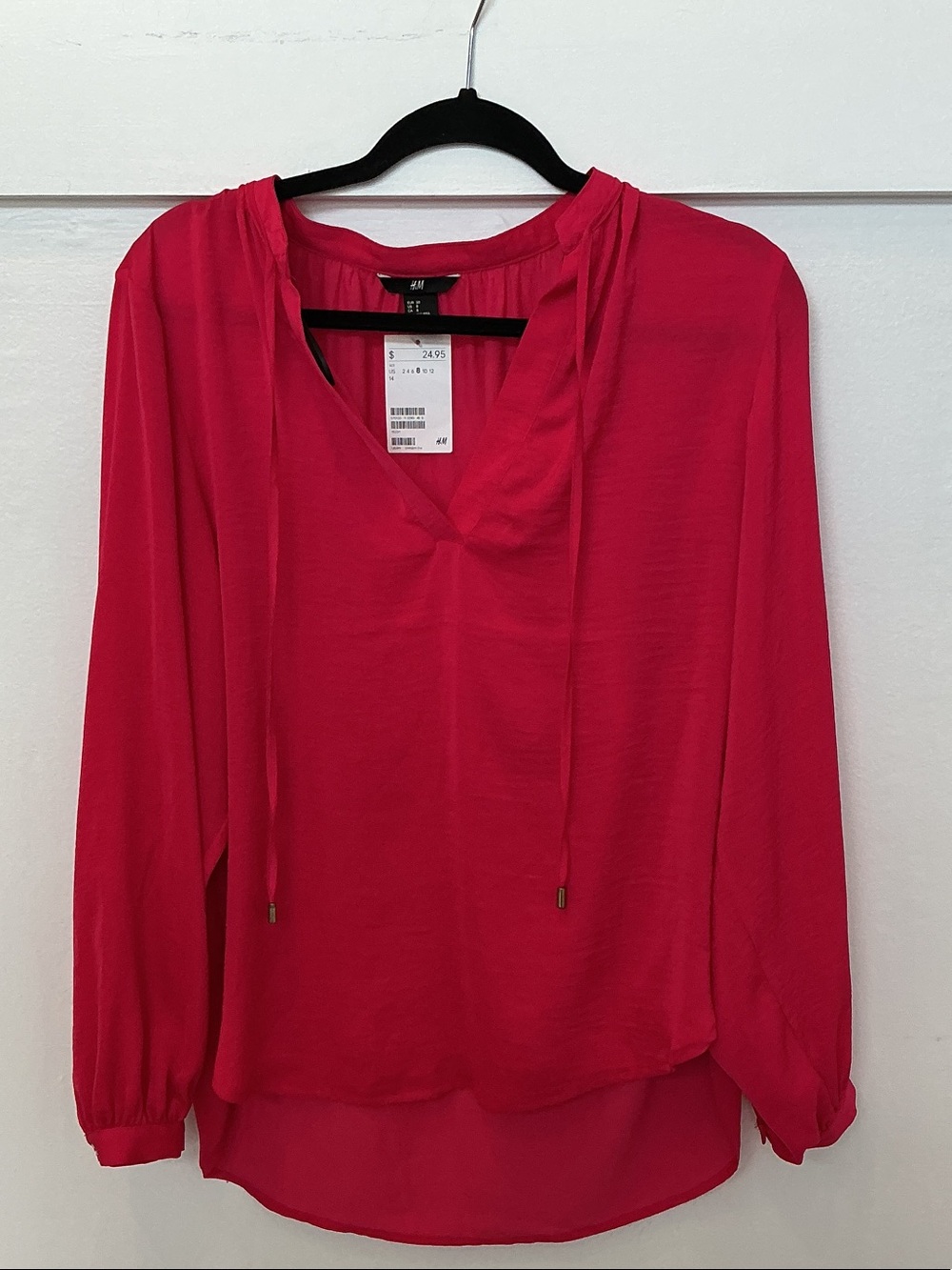 H&M Bright Pink V-Neck Tie Front Blouse